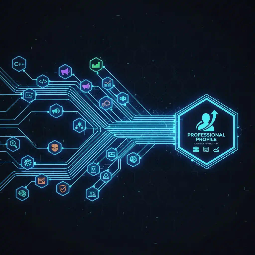 Digital network of interconnected skills leading to a professional profile, representing skill stacking and career pathways.