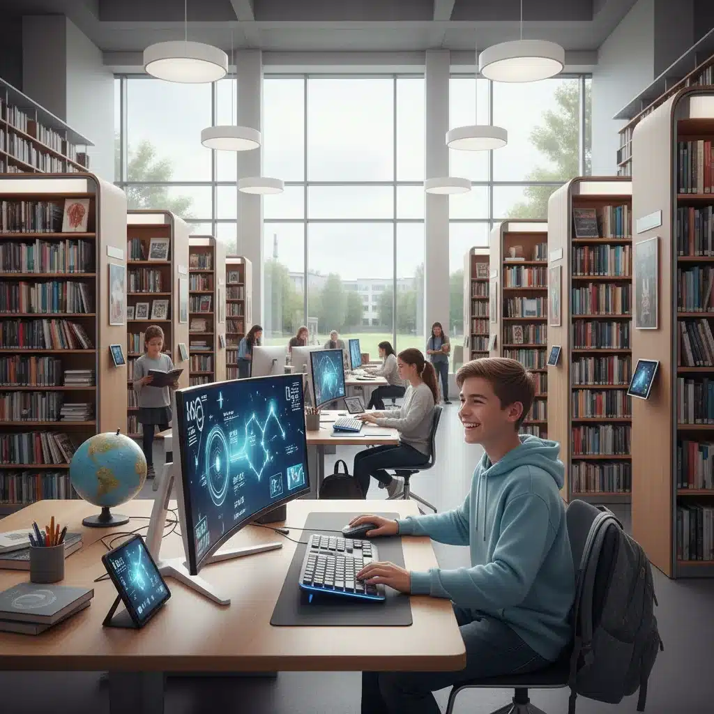 High school student utilizing advanced technology in an improved school library.