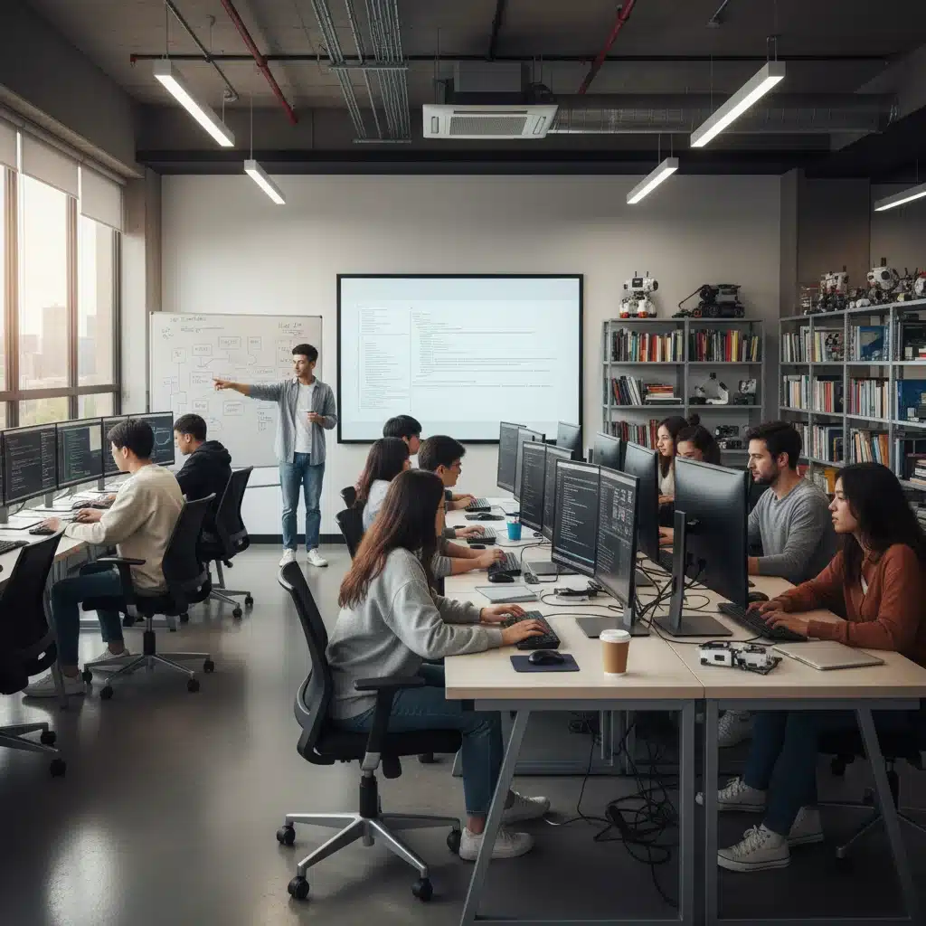 Diverse students collaboratively coding on computers in a modern tech lab.