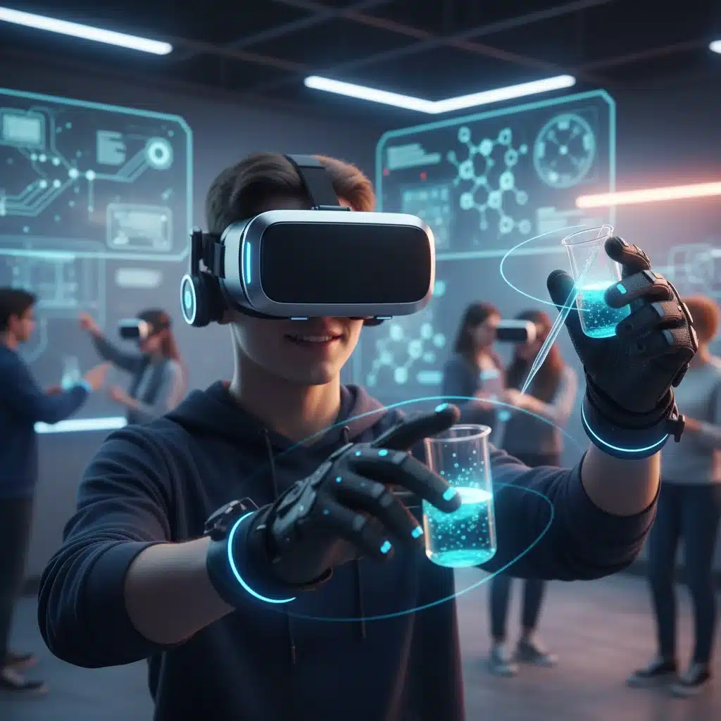 Student using VR for an immersive science experiment in a virtual lab.